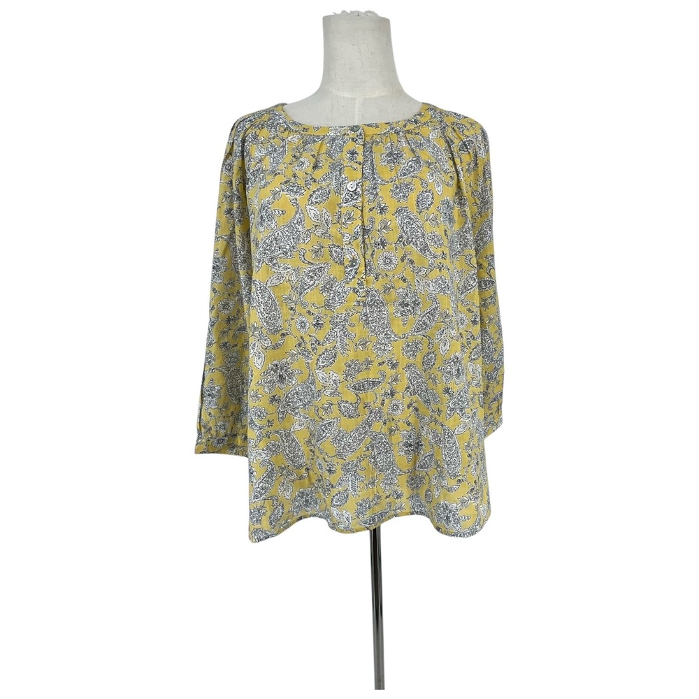J Jill Yellow Paisley Print Peasant Blouse Top XL Petite Long Sleeve Button Neck
